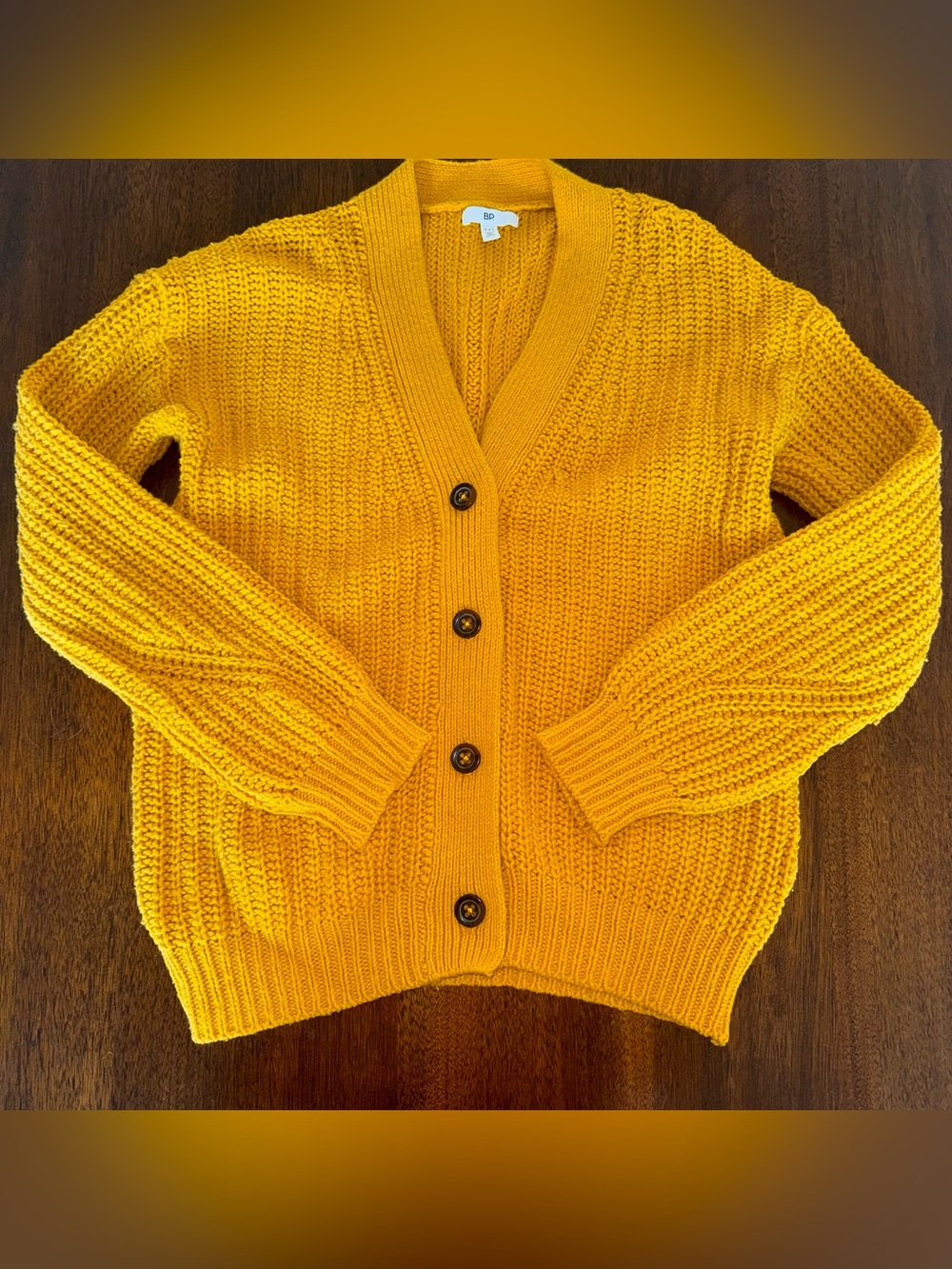 BP Chunky Knit Button Up Cardigan V Neck Wool Blend Mustard Yellow Size XXS